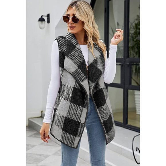 Jackets & Blazers - Gray Plaid Print Faux Fur Furry Open Front Sleeveless Vest Cardigan Sweater